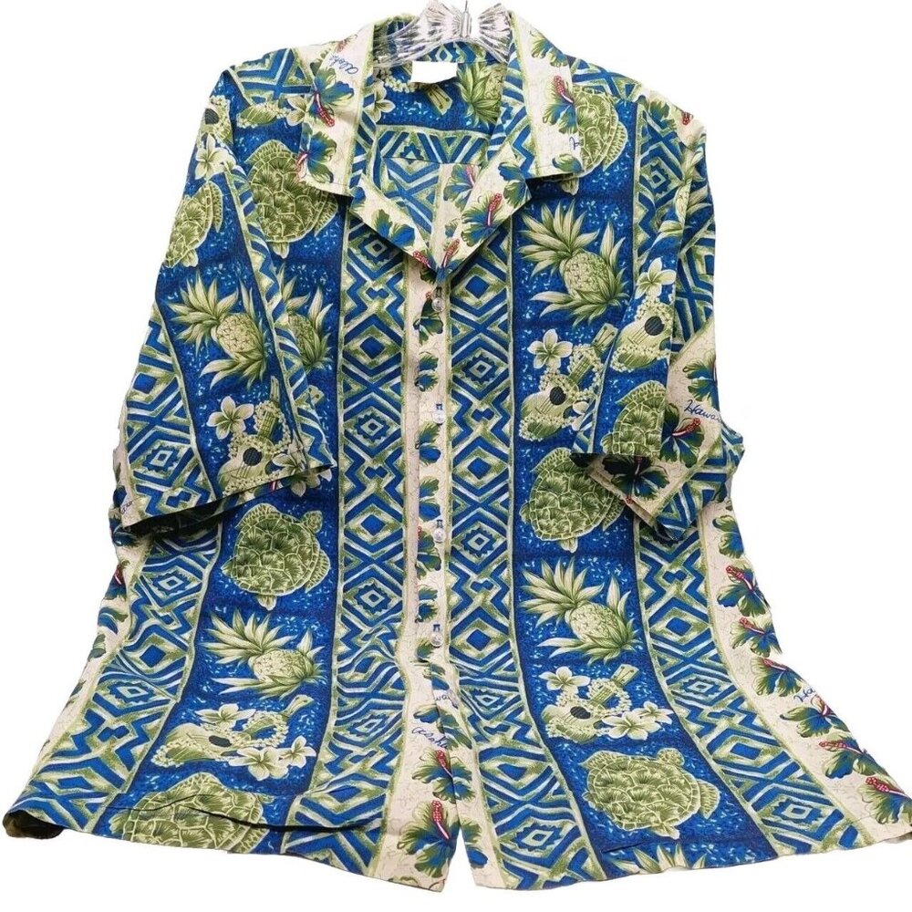 Kalena Fashions Hawaiian Shirt Mens Size XL Green Polyester Floral Sea Turtle